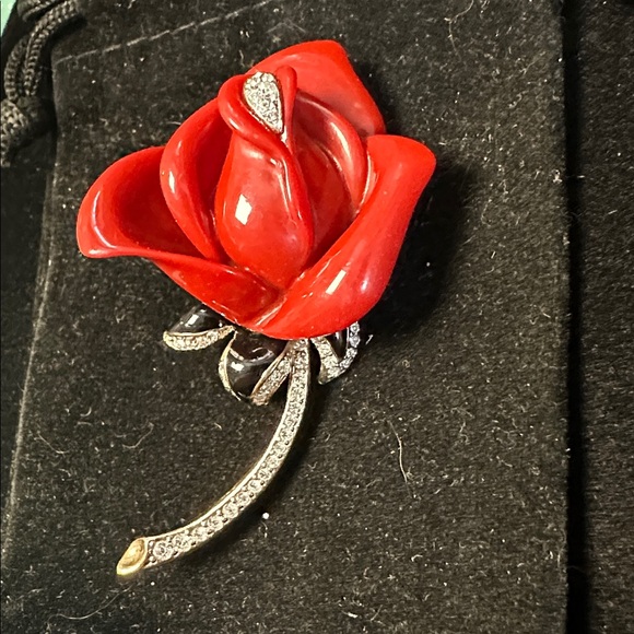 123- Kenneth Jay Lane Red and Silver Rose Brooch - Picture 3 of 6